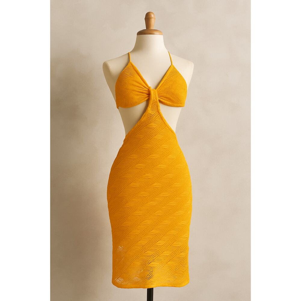 Vintage Women's Orange Crochet Cut-Out Midi Lined Dress Size M USA‎ Made